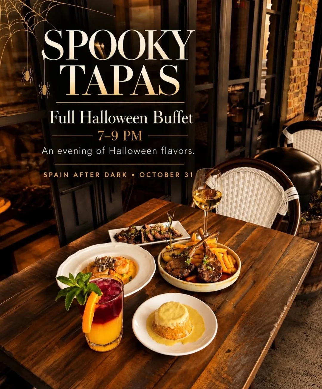 Spooky Tapas flyer: full Halloween buffet, 7 to 9 PM. An evening of Halloween flavors.