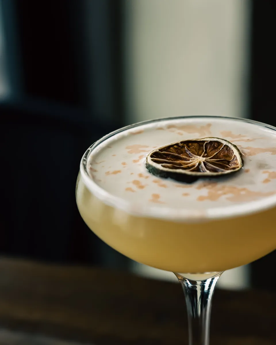 A handcrafted cocktail garnished with dried citrus